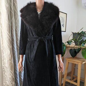 Vintage Saks Fifth Avenue Black Suede Full Length Coat w/Fur Collar Size S / XS